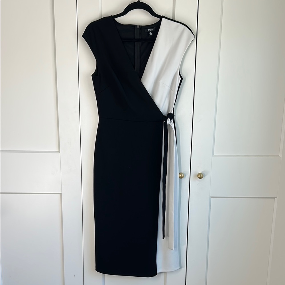 A.U.W. Black and White Faux Wrap Midi Dress | S
